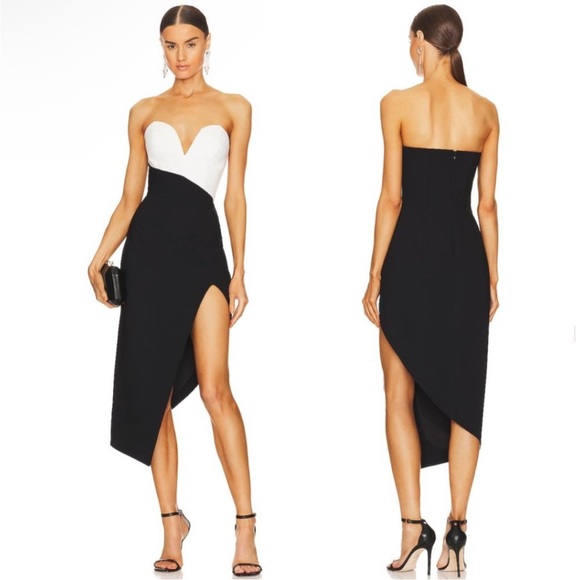 Amanda Uprichard Soiree Strapless Asymmetrical Midi Dress In Black & Ivory - Picture 1 of 8